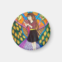 Girl, Butterfly, And Birds In A Garden Fridge Magnets