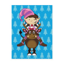 Girl Elf & Reindeer Blue Postcard