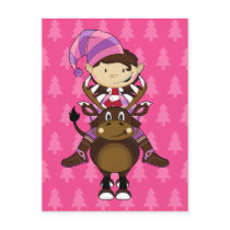 Girl Elf & Reindeer Pink Postcard