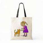 Girl Feeding Cat Tote Bags