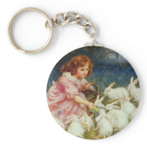 Girl feeding Rabbits Key Chain