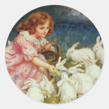 Girl feeding Rabbits Round Stickers