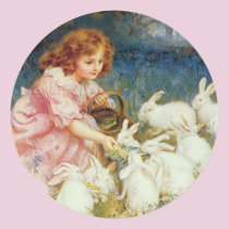 Girl feeding Rabbits Round Stickers