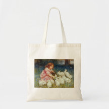 Girl feeding Rabbits Tote Bag