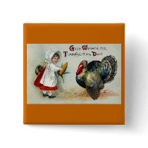 Girl Feeds Corn to Turkey Vintage Thanksgiving Button