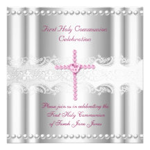 Girl First Holy Communion Silver Lace Pink Pearl Custom Invites
