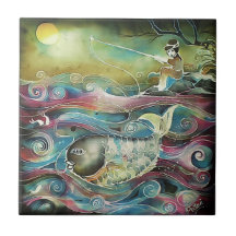 Girl Fishing at Night Tile