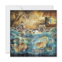 Girl Fishing on the Bay Silk Painting Personalized Invitations