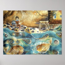 Girl Fishing on the Bay Silk Painting Posters