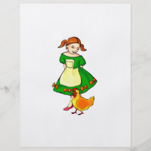 girl green dress standing chicken at feet full color flyer