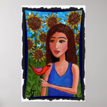 Girl in Sunflower Forest w/ Red Bird - print