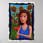 Girl in Sunflower Forest w/ Red Bird - print