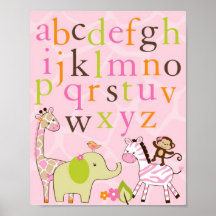Girl Jungle Animal Alphabet Nursery Wall Art Print