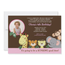 Girl Jungle Zoo Party Animal Photo Birthday Invite