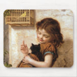 Girl, Kitty Cat & Bird - Vintage Painting Mousepads