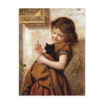 Girl, Kitty Cat & Bird - Vintage Painting