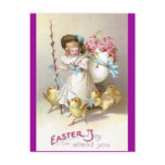 Girl, Pink Roses and Chicks on Leashes Postcard