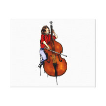 Girl playing orchestra bass red shirt stretched canvas print
