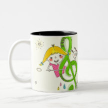 Girl playing with musical notes on house mug