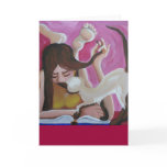Girl reading a book and Siamese cat Cards