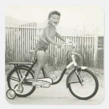 Girl Riding Bicycle Square Stickers