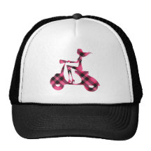 girl scooter pink black plaid trucker hat