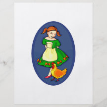 girl standing green dress cihcken blue oval flyers