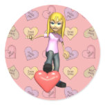 girl stepping on heart round sticker