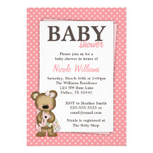 Girl Teddy Bear Baby Shower Pink Dots Invitation