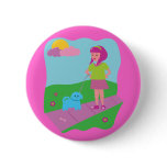 Girl Walking Dog Pinback Buttons