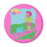 Girl Walking Dog Fridge Magnet