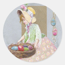 Girl with Nest of Easter Eggs Vintage Round Stickers