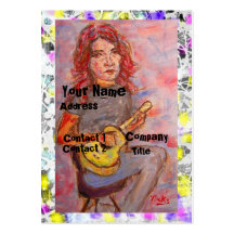 girl with red hair and ukulele drip business cards