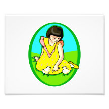 girl yellow dress two chicks oval photograph