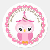 Girls 1st Birthday Pink Owl Thank You Round Stickers