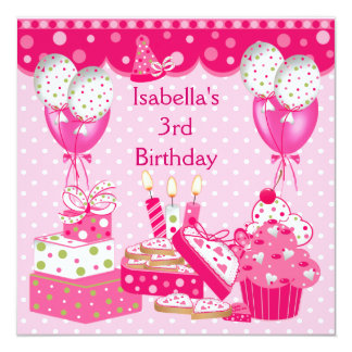 birthday 3rd invitation card spot cake pink 6th square invite invitations invites