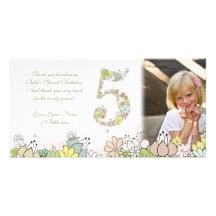Girls 5th Birthday Neutral Blooms Thank You Photo Custom Photo Card