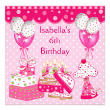 Girls 6th Birthday Party Pink Spot Cake Invite
