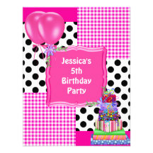 Girls Birthday Pink Check Black & White Spots Announcements