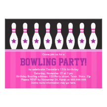Girls bowling birthday party invitation with pins