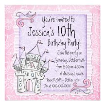 Girls fairytale castle pink birthday invitations