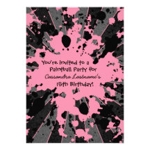 Girls funky pink paint splatter paintball birthday invitations