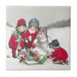 Girls in Red Coats with Dolls Ceramic Tile