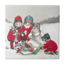 Girls in Red Coats with Dolls Ceramic Tile