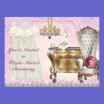 GIRLS LACEY Christening Invitation PINK BACKGROUND invitations