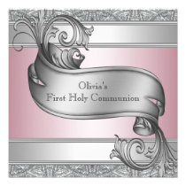Girls Pink and Gray First Communion invitations