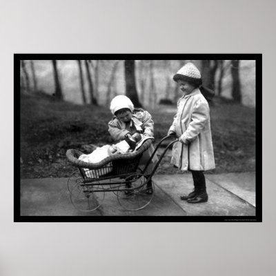 Girls Playing with a Doll in a Carriage 1912 by lc_vintagephotos
