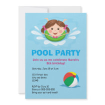 Girls pool party birthday invites - splashing girl