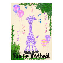 Girls Safari Purple Giraffe Birthday Invitation