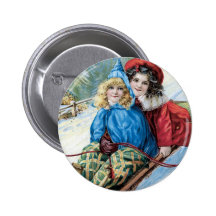 Girls Sledding on Christmas Day Button